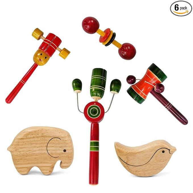 Channapatna Handcrafted Natural Wooden Rattles (Set of 6)