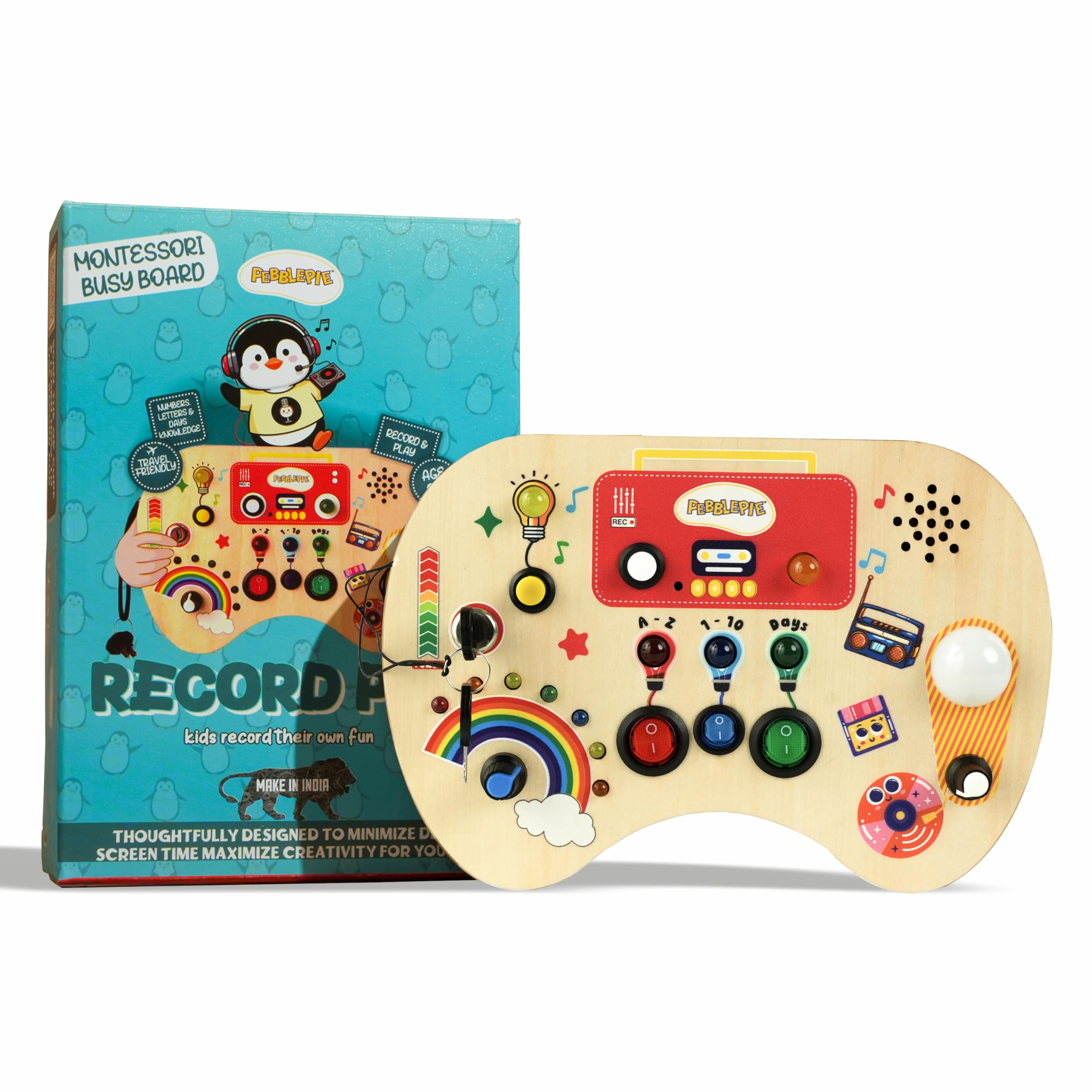 Pebblepie Wooden Sensory Busy Board with Voice Recording